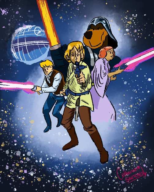 blaster boots canid canine canis clothing daphne_blake darth_vader death_star domestic_dog female footwear fred_jones group han_solo hanna-barbera human leia_organa lightsaber luke_skywalker male mammal melee_weapon parody science_fiction scooby-doo scooby-doo_(series) shaggy_rogers star_wars velma_dinkley weapon