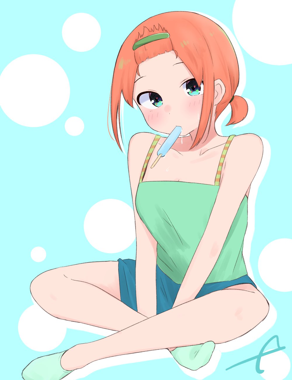 1girl ankle_socks bare_arms bare_shoulders between_legs blue_background blue_eyes blue_shorts blush breasts camisole cleavage commentary_request eyebrows_hidden_by_hair food food_in_mouth full_body go-toubun_no_hanayome green_camisole green_socks hair_ornament hairclip hand_between_legs highres kujou_karasuma looking_at_viewer low_ponytail nakano_yotsuba no_shoes orange_hair ponytail popsicle short_shorts shorts sidelocks signature sitting socks solo