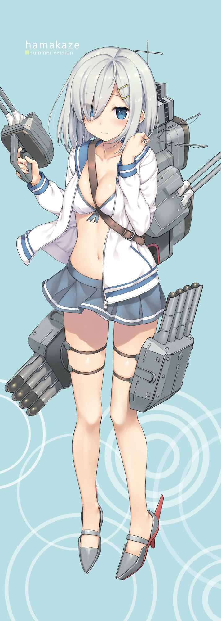 1girl alternate_costume bikini blue_eyes blush breasts cannon grey_hair hair_ornament hair_over_one_eye hairclip hamakaze_(kancolle) highres kantai_collection long_sleeves looking_at_viewer machinery navel pleated_skirt rigging rudder_footwear sailor_collar school_uniform serafuku short_hair simple_background skirt smile smokestack solo standing swimsuit takayaki thigh_strap torpedo torpedo_launcher torpedo_tubes turret