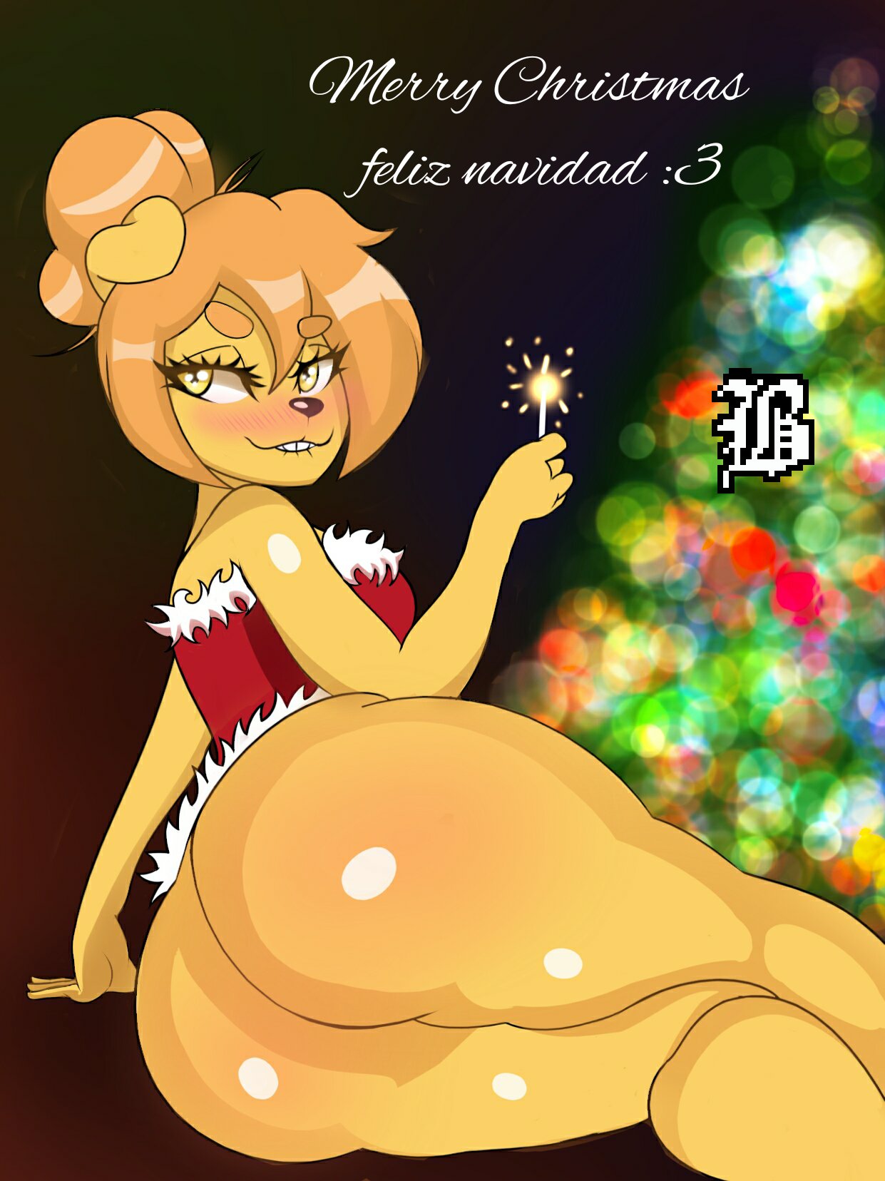 anthro big_butt bottomless butt canid canine canis christmas christmas_tree clothed clothing crossgender domestic_dog female gerry_(dongitos) hi_res holidays mammal mtf_crossgender plant solo sr_biock tree