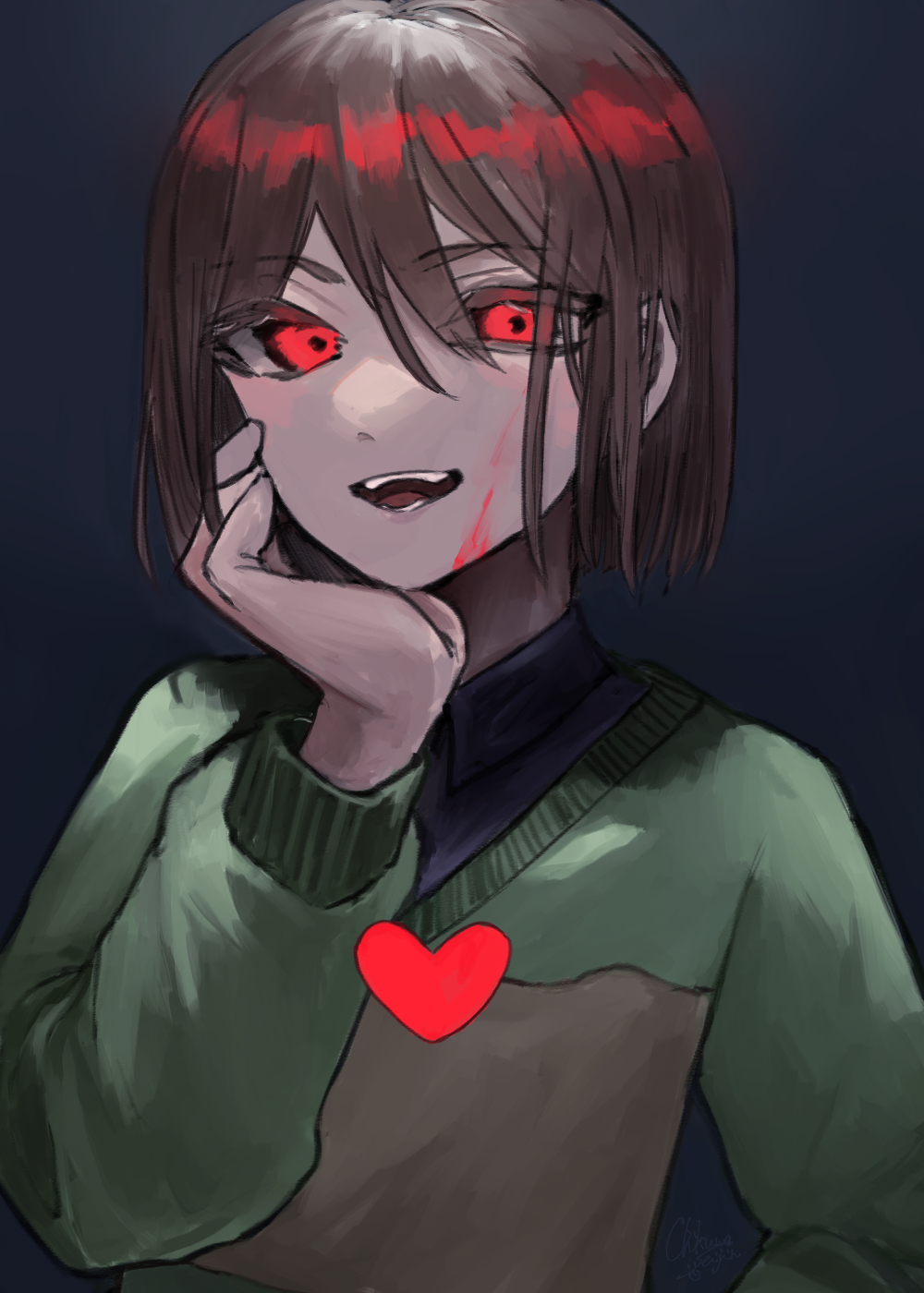 1other bangs blood blood_on_face brown_hair chara_(undertale) chikuwaseijin collared_shirt evil_smile hand_on_own_cheek hand_on_own_face heart highres long_sleeves open_mouth red_eyes shirt short_hair smile solo striped striped_sweater sweater undertale v-shaped_eyebrows