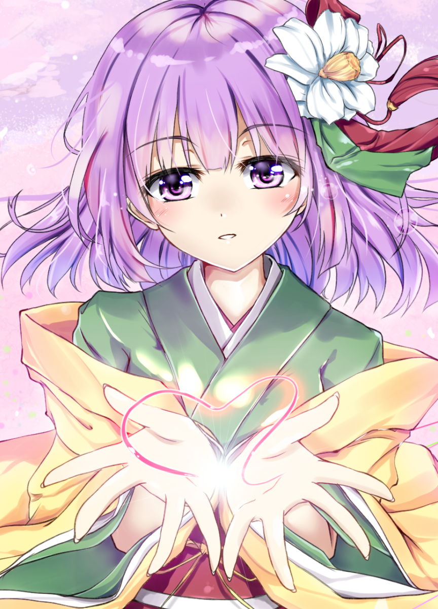 1girl blush commentary_request flower fule green_kimono hair_flower hair_ornament head_tilt heart hieda_no_akyuu highres japanese_clothes kimono layered_clothes layered_kimono long_sleeves medium_hair obi outstretched_hand parted_lips purple_eyes purple_hair red_sash red_skirt sash skirt touhou upper_body white_flower wide_sleeves yellow_kimono