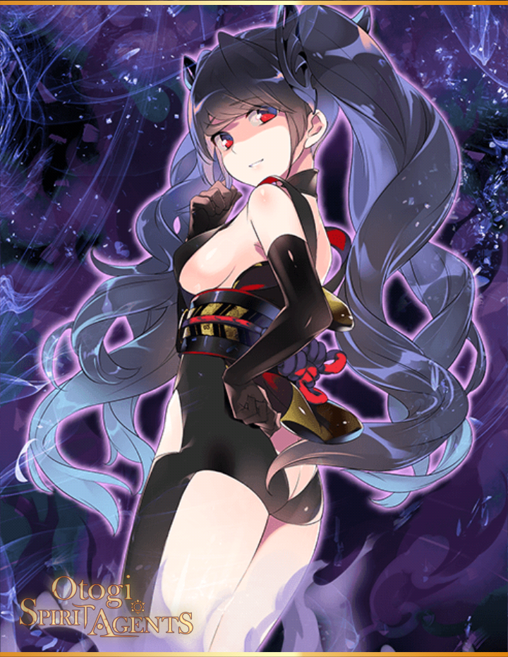 1girl black_hair gloves kiya_machi long_hair looking_at_viewer looking_down looking_to_the_side magatsuhi_(otogi:spirit_agents) official_art otogi:spirit_agents purple_background purple_theme red_eyes revealing_clothes second-party_source smile solo teeth twintails wavy_hair