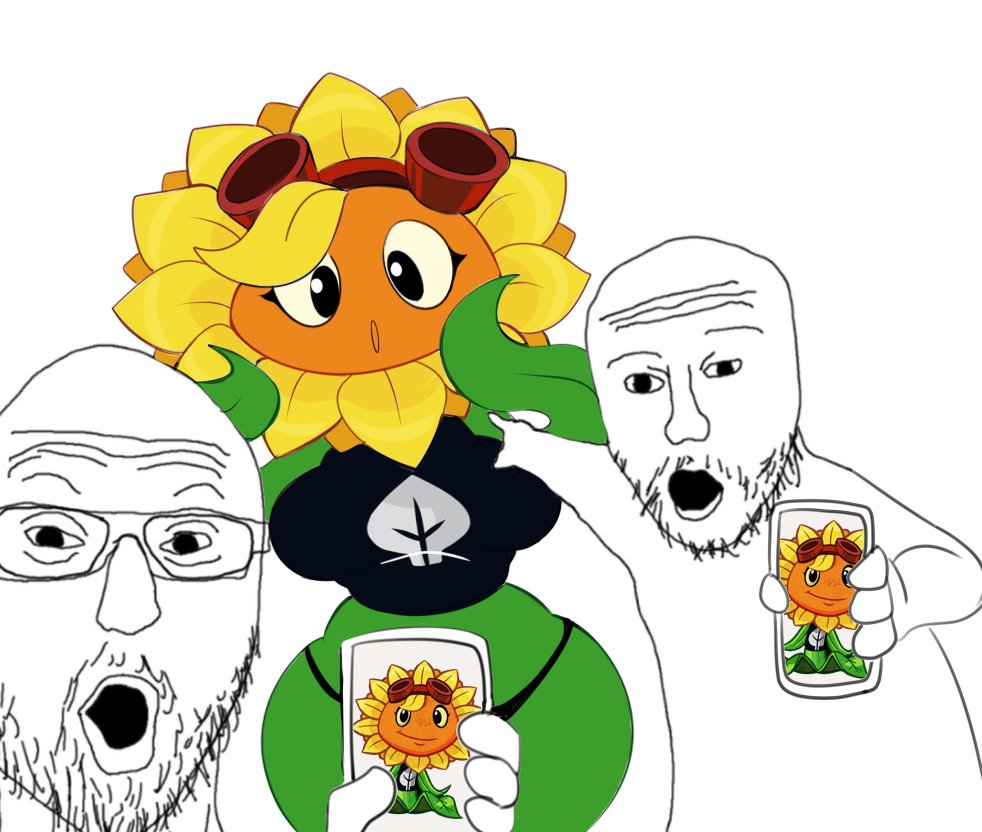 beard big_breasts breasts clothed clothing electronic_arts elemental_creature elemental_humanoid eyewear eyewear_on_head facial_hair female fertilizing_(artist) flora_fauna flower flower_creature gesture goggles goggles_on_head green_body group holding_object holding_phone human humanoid looking_at_viewer male mammal not_furry open_mouth phone plant plant_humanoid plants_vs._zombies plants_vs._zombies_heroes pointing popcap_games shirt solar_flare_(pvz) sunflower_(pvz) thick_thighs thong topwear trio two_soyjaks_pointing underwear video_games white_body wide_hips