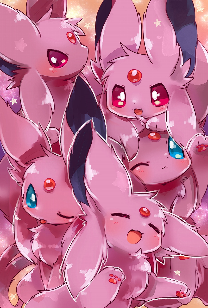 3_toes ambiguous_gender big_ears blep blue_eyes blue_inner_ear blush cheek_tuft chest_tuft colored cute_fangs digital_media_(artwork) dog_pile eeveelution espeon eyes_closed facial_tuft feet felid feline feral fluffy fluffy_ears forehead_gem forked_tail front_view fur glistening glistening_body glistening_eyes glistening_fur group happy hi_res kemono looking_at_viewer mammal monotone_body monotone_ears monotone_fur monotone_tail nintendo no_sclera on_hind_legs one_eye_closed open_mouth open_smile pattern_background pawpads paws pink_body pink_ears pink_fur pink_pawpads pink_tail pok&eacute;mon pok&eacute;mon_(species) purple_eyes quadruped red_eyes red_pawpads shaded simple_background sitting smile star-shaped_background star_polygon suppainu toes tongue tongue_out tuft unusual_anatomy unusual_tail video_games wink yellow_background