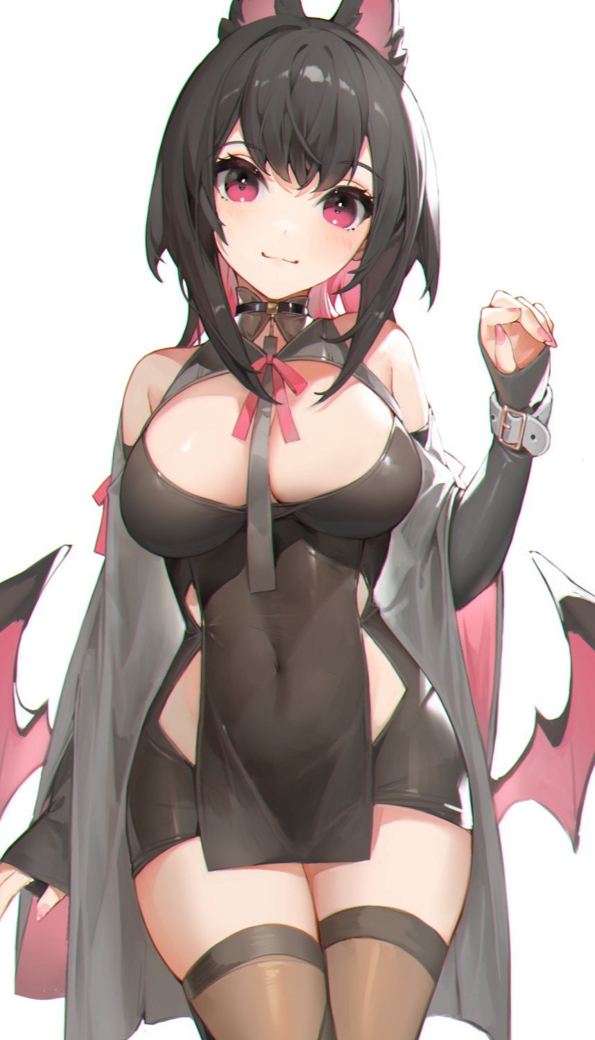 1girl akizone animal_ear_fluff black_hair blush breasts brown_thighhighs buckle cleavage closed_mouth colored_inner_hair covered_navel cowboy_shot detached_sleeves highres large_breasts long_hair long_sleeves looking_at_viewer low_wings multicolored_hair nail_polish neck_ribbon nia_(akizone) original pink_hair pink_nails pink_ribbon purple_eyes ribbon sleeves_past_wrists smile solo thighhighs two-tone_hair wings zettai_ryouiki