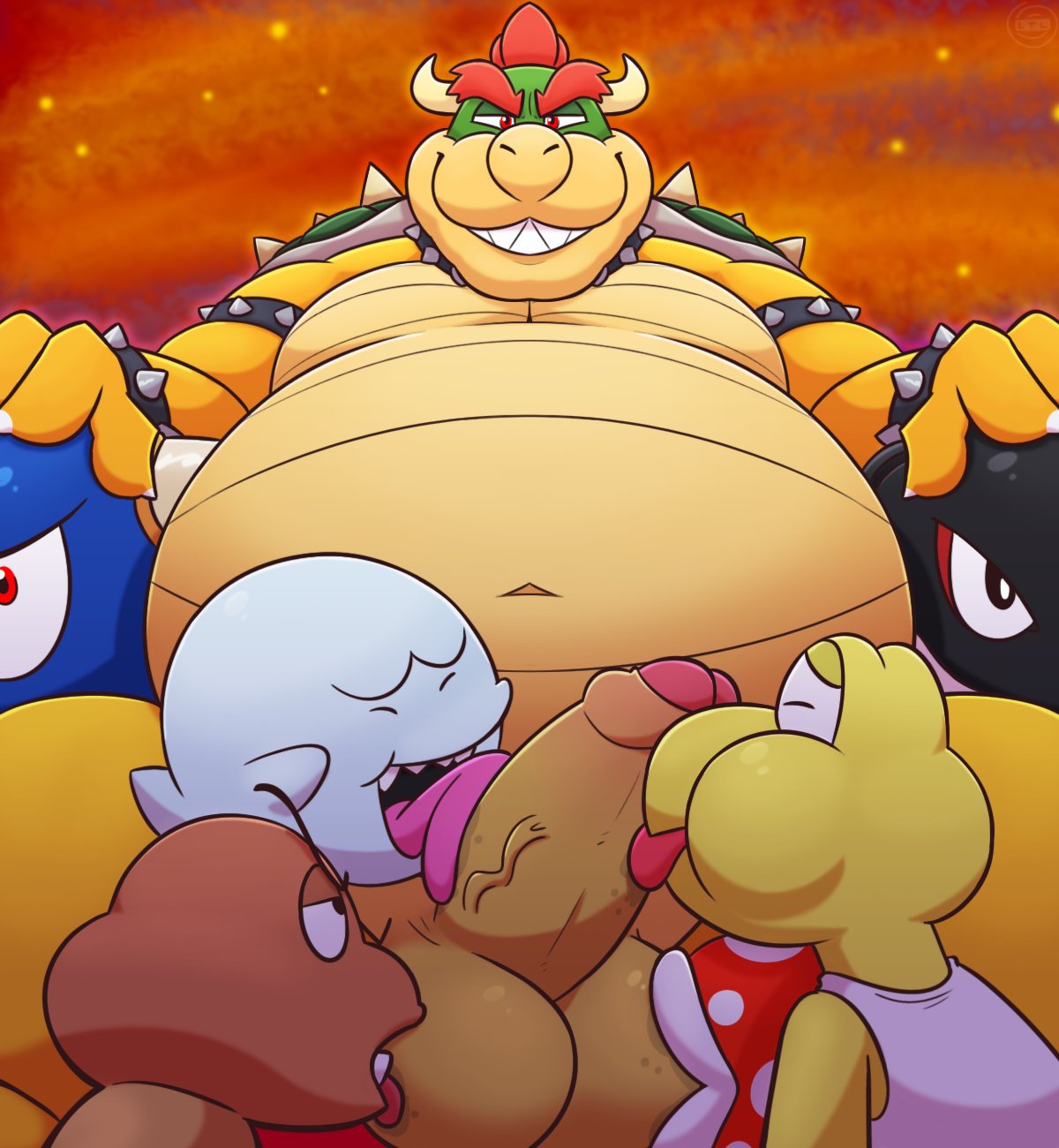 2022 anthro ball_lick balls belly big_belly boo_(mario) bowser elemental_creature erection flora_fauna genitals goomba group hi_res humanoid_genitalia humanoid_hands humanoid_penis koopa koopa_troopa leonthelionel licking male mario_bros navel nintendo oral overweight overweight_male penile penis penis_lick piranha_plant plant scalie sex sitting tongue tongue_out video_games