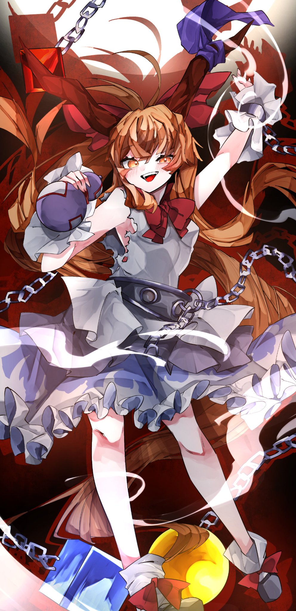 1girl armpit_peek bangs black_footwear blush bow bowtie breasts chain commentary_request cube footwear_bow full_body gourd hair_bow highres holding horn_ornament horn_ribbon horns ibuki_suika long_hair looking_at_viewer low-tied_long_hair open_mouth orange_eyes orange_hair orb purple_ribbon pyramid red_bow red_bowtie ribbon shirt shoes sideboob sidelocks sleeveless sleeveless_shirt small_breasts smile socks solo touhou very_long_hair vivo_(vivo_sun_0222) white_shirt wrist_cuffs