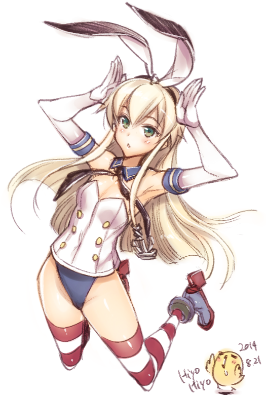 1girl adapted_costume anchor_hair_ornament animal_ears artist_name bird blonde_hair breasts bunny_pose chick commentary_request dated detached_collar elbow_gloves full_body gloves green_eyes hair_ornament hairband hiyohiyo kantai_collection leotard necktie playboy_bunny rabbit_ears shimakaze_(kancolle) signature small_breasts solo strapless strapless_leotard striped striped_thighhighs taut_leotard thighhighs white_gloves