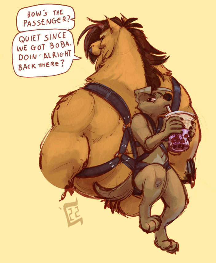 3:4 andromorph andromorph/male anthro beast_(disambiguation) bedroom_eyes beverage blush body_hair brown_body brown_fur brown_hair bubble_tea canid canine canis concoction_(artist) dialogue dialogue_box domestic_dog dominant dominant_anthro dominant_male duo english_text fur grumpy hair half-closed_eyes harness humor intersex intersex/male leather leather_daddy leather_harness male mammal muscle_tone musclegut muscular muscular_anthro muscular_male narrowed_eyes nude seductive simple_background size_difference smile smirk smug smug_face submissive submissive_andromorph submissive_anthro submissive_intersex text trans_(lore) trans_man_(lore) yellow_background yellow_body yellow_fur