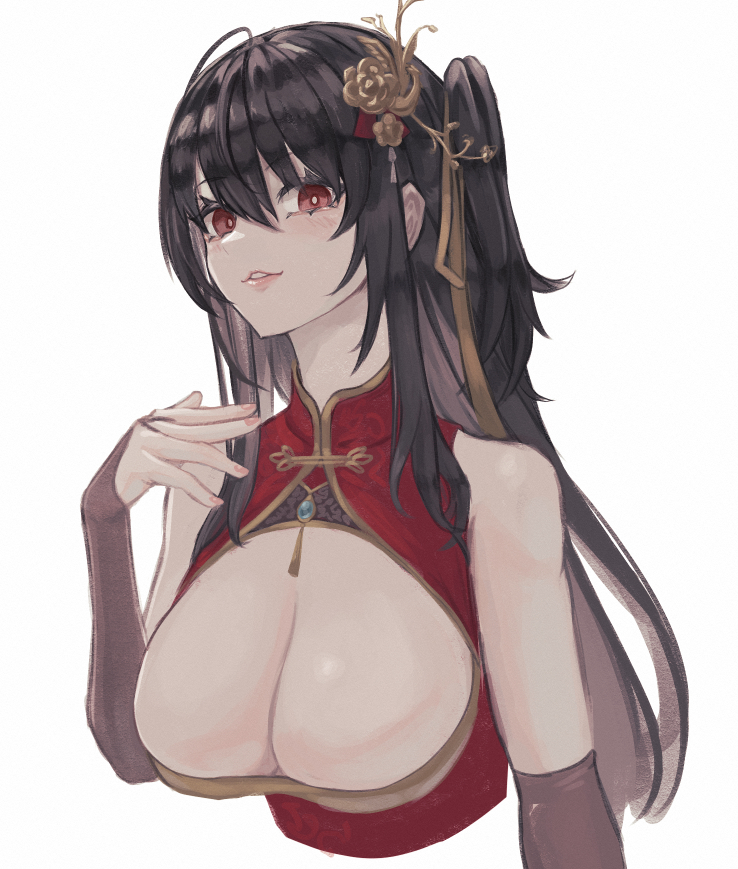 1girl azur_lane black_hair breasts bridal_gauntlets china_dress chinese_clothes cleavage_cutout clothing_cutout dress hair_ornament huge_breasts long_hair looking_at_viewer low_neckline moppo official_alternate_costume red_dress red_eyes standing taihou_(azur_lane) taihou_(phoenix's_spring_song)_(azur_lane) upper_body white_background