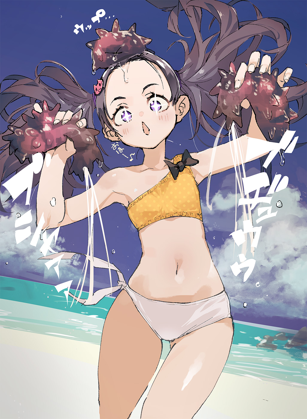 +_+ 1girl :&lt;&gt; beach bikini black_hair blush cloud day flat_chest hair_ornament highres holding hyocorou kyouka_jinrui_amunero long_hair mismatched_bikini ocean on_head outdoors polka_dot polka_dot_bikini purple_eyes sea_cucumber sky solo swimsuit twintails white_bikini yellow_bikini