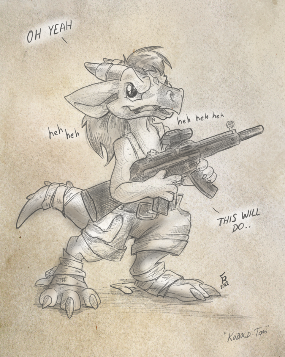 2022 alternate_species anthro clothed clothing dialogue english_text flinters gun hair hi_res horn kobold male monochrome open_mouth ranged_weapon rifle solo text weapon