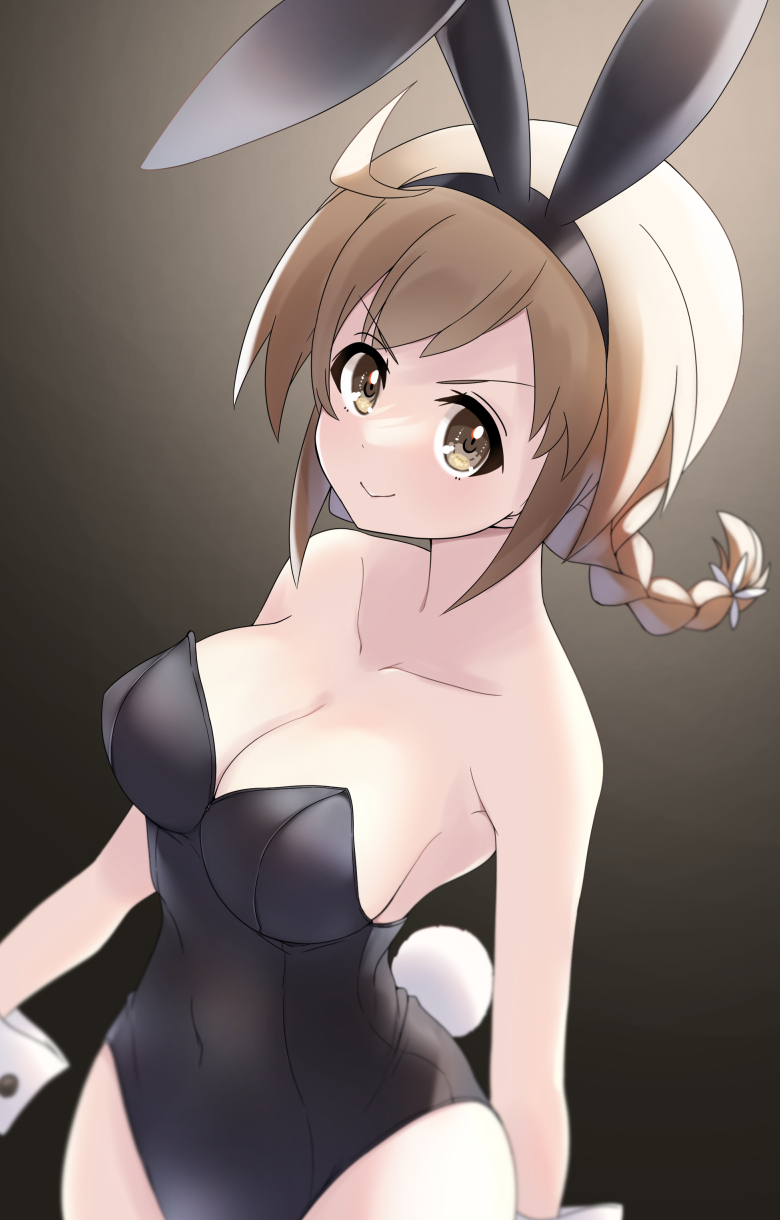&gt;:) 1girl ahoge amai_nekuta animal_ears arm_at_side arm_behind_back assault_lily bangs bare_shoulders black_background black_hairband black_leotard blurry braid breasts brown_background brown_eyes brown_hair cleavage closed_mouth collarbone covered_navel cowboy_shot depth_of_field fake_animal_ears fake_tail flower gradient gradient_background hair_flower hair_ornament hairband highres large_breasts leotard looking_at_viewer low_twin_braids low_twintails medium_hair playboy_bunny rabbit_ears rabbit_tail rokkaku_shiori sidelocks smile solo standing strapless strapless_leotard tail twin_braids twintails v-shaped_eyebrows white_flower wrist_cuffs