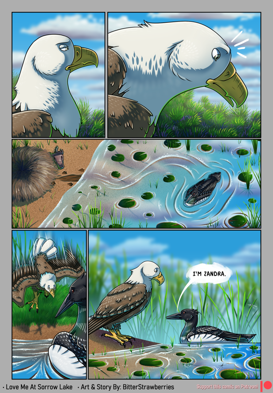accipitrid accipitriform avian bald_eagle bird bitterstrawberries cloud comic corpse death decapitation detailed_background dialogue digital_media_(artwork) duo eagle english_text eye_contact falling female feral hi_res lake laurel_(bitterstrawberries) looking_at_another looking_down looking_up loon plant sea_eagle severed_head swimming text water zandra_(bitterstrawberries)