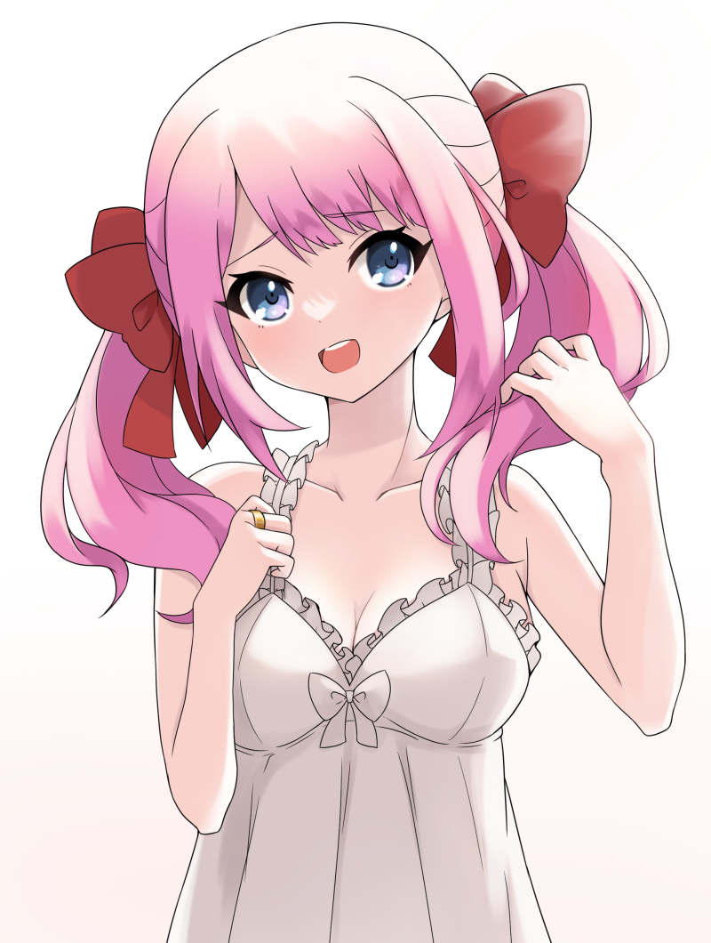 1girl amai_nekuta assault_lily bangs bare_arms bare_shoulders blue_eyes bow breasts camisole cleavage collarbone frilled_camisole frills gradient grey_background hair_bow hand_on_own_chest hands_up head_tilt holding holding_hair jewelry long_hair looking_at_viewer medium_breasts open_mouth pink_hair raised_eyebrows ring sadamori_himeka sidelocks solo standing teeth twintails upper_body upper_teeth white_background white_bow white_camisole