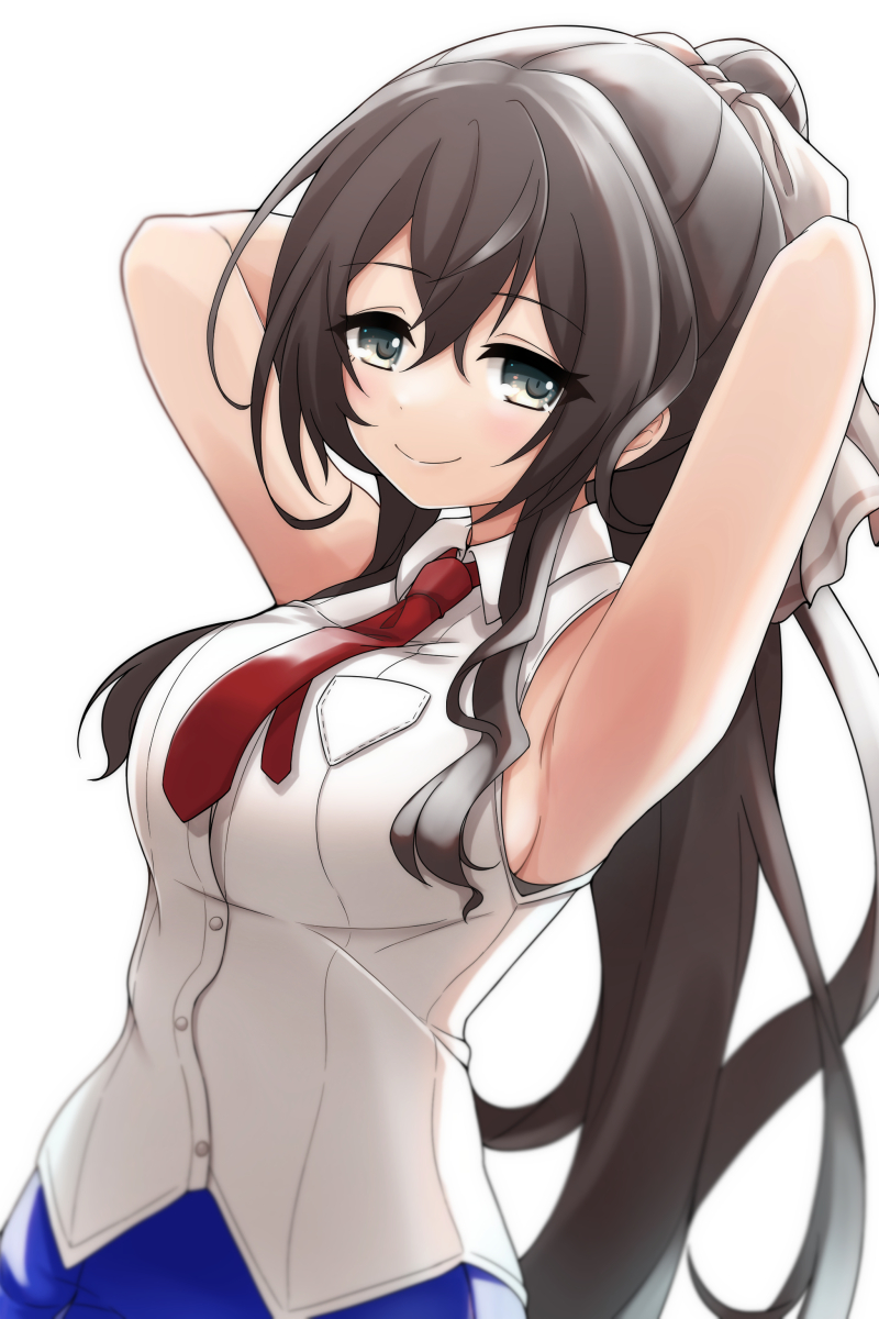 1girl amai_nekuta arms_behind_head arms_up assault_lily bangs bare_arms bare_shoulders blue_skirt blurry bow bra bra_peek breast_pocket breasts brown_hair buttons closed_mouth collared_shirt crossed_bangs depth_of_field grey_eyes hair_between_eyes hair_bow high_ponytail highres large_breasts light_blush long_hair looking_at_viewer necktie pocket ponytail red_necktie serizawa_chikaru shirt sideboob sidelocks skirt smile solo standing underwear upper_body very_long_hair white_background white_bow white_shirt