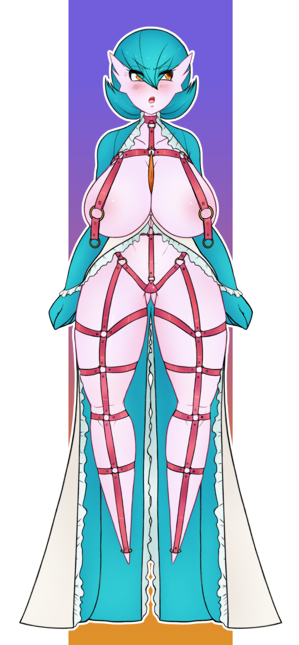 babyserval bdsm big_breasts blush bondage bound breasts embarrassed featureless_feet female gardevoir gradient_background harness hi_res huge_breasts humanoid humanoid_pointy_ears looking_away nintendo open_mouth pok&eacute;mon pok&eacute;mon_(species) shiny_pok&eacute;mon simple_background solo video_games