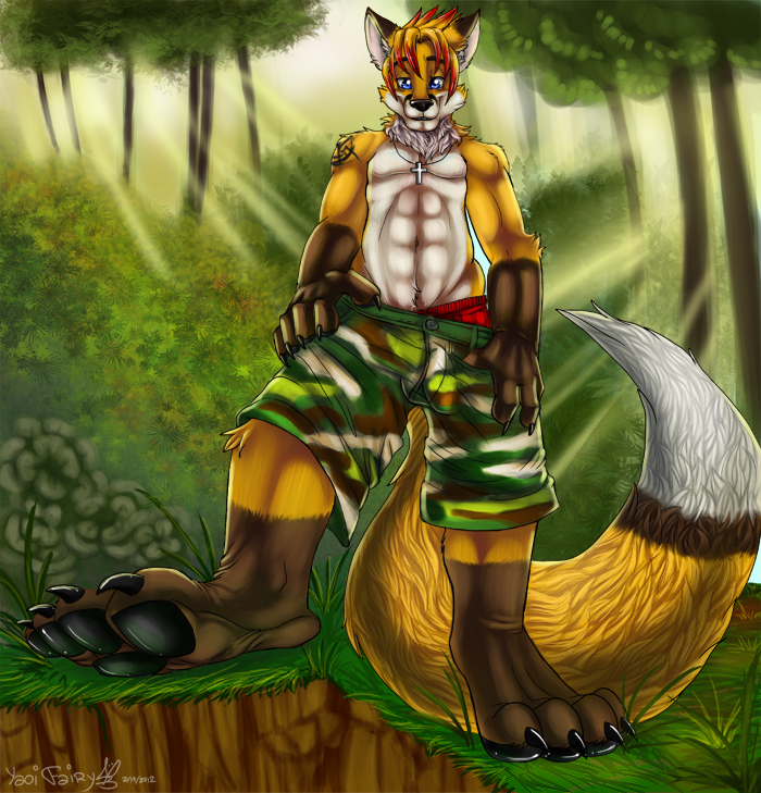 anthro black_pawpads blonde_hair blue_eyes bottomwear brown_body brown_fur brown_tail bulge canid canine cheek_tuft clothing detailed_bulge dipstick_tail facial_tuft forest fox fur genital_outline glistening glistening_eyes glistening_pawpads grass green_bottomwear green_clothing hair jewelry looking_at_viewer low-angle_view male mammal markings multicolored_hair muscular muscular_anthro muscular_male narrowed_eyes navel neck_tuft necklace pawpads penis_outline plant red_hair shrub signature solo tail_markings tree tuft two_tone_hair undressing white_body white_fur white_tail yaoifairy yellow_body yellow_fur yellow_tail