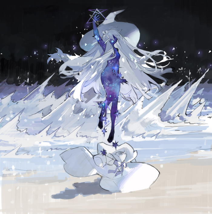 1girl arm_up bare_shoulders beach blue_skin bow casting_spell colored_skin dress floating frozen grey_bow hat ice large_hat long_hair no_eyes nude open_mouth original sand smile snowing solo spell star_(sky) starshadowmagician teeth upper_teeth very_long_hair white_dress white_hair white_headwear witch witch_hat