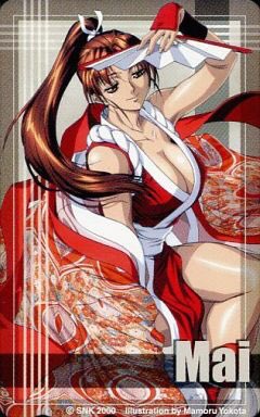 1girl 2000 artist_name bangs breasts brown_hair cleavage folding high japanese_clothes kimono large_breasts lowres ninja ornament ponytail shiranui_mai sleeveless smile yokota_mamoru