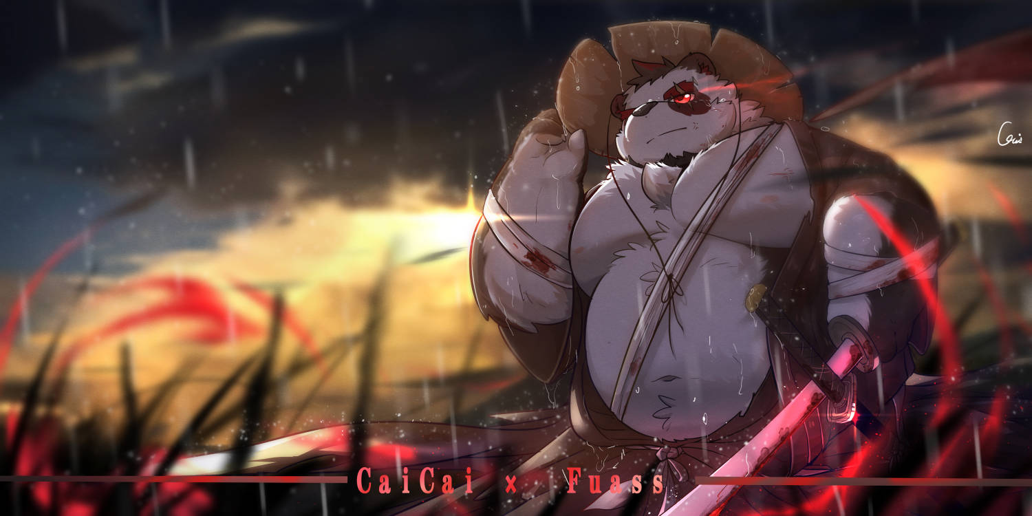 2022 anthro bandage belly big_belly black_body black_nose blood bodily_fluids cai_yuwang clothing cloud detailed_background giant_panda hat headgear headwear kemono male mammal outside overweight overweight_male raining scar solo ursid weapon white_body