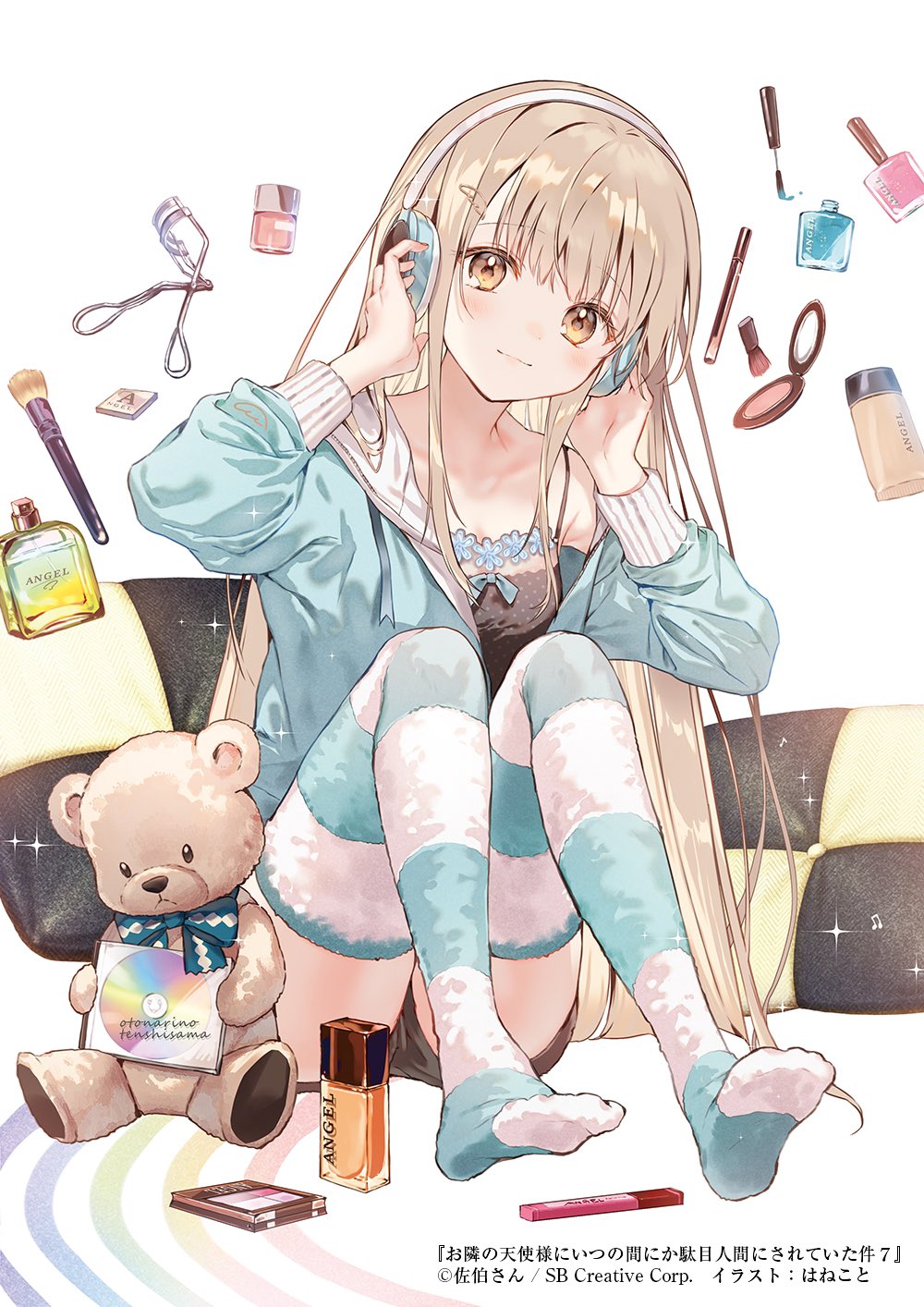 1girl black_shirt black_shorts blue_jacket bottle brown_eyes brown_hair fluffy_legwear hands_on_headphones hanekoto headphones highres jacket long_hair long_sleeves looking_at_viewer makeup makeup_brush nail_clippers nail_polish_bottle nail_polish_brush no_shoes otonari_no_tenshi-sama_ni_itsu_no_mani_ka_dame_ningen_ni_sarete_ita_ken perfume_bottle pillow shiina_mahiru shirt shorts simple_background single_bare_shoulder sitting sleeveless sleeveless_shirt smile solo sparkle striped striped_thighhighs stuffed_animal stuffed_toy teddy_bear thighhighs very_long_hair white_background wing_hair_ornament yellow_eyes