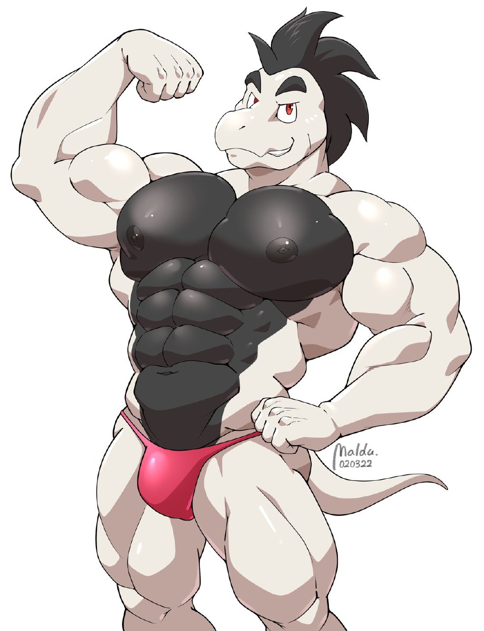 abs anthro belly big_muscles black_belly clothing crimson_baihong dragon hi_res maldu male muscular muscular_male pecs red_eyes scalie solo speedo swimwear white_body