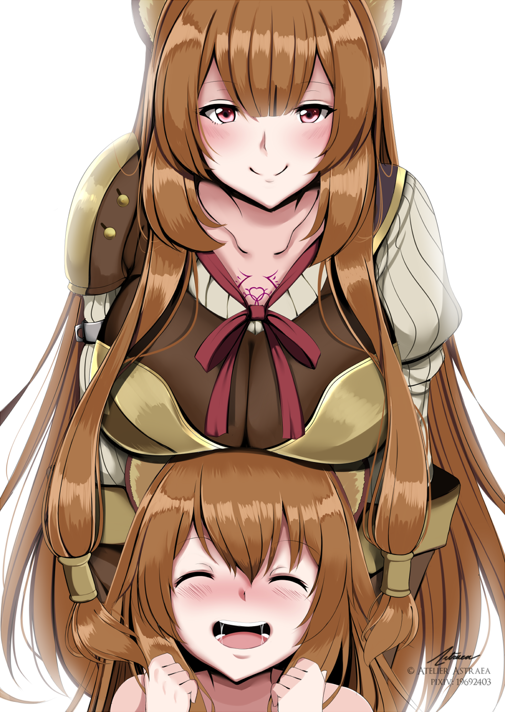2girls ^_^ ^o^ animal_ears astraea_(atelierastraea) bangs blunt_bangs blush breast_rest breasts brown_hair chest_tattoo closed_eyes eyes_closed happy highres large_breasts long_hair multiple_girls open_mouth purple_eyes raccoon_ears raphtalia red_ribbon ribbon saliva smile tate_no_yuusha_no_nariagari tattoo
