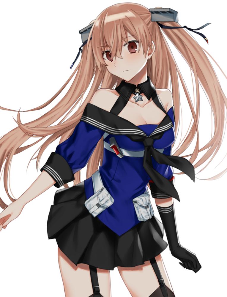 1girl black_gloves black_legwear black_skirt blue_shirt breasts brown_eyes cleavage contrapposto cowboy_shot engawa_(l_sv) garter_straps gloves johnston_(kantai_collection) kantai_collection light_brown_hair long_hair looking_at_viewer medium_breasts off_shoulder pleated_skirt sailor_collar school_uniform serafuku shirt simple_background single_glove skirt solo standing thighhighs two_side_up white_background