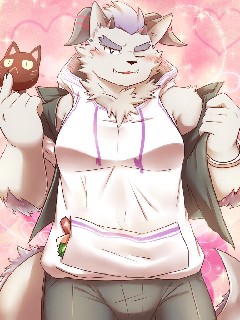 &lt;3 behemoth_(housamo) blush bulge candy chocolate clothing food hoodie horn male monster muscular muscular_male one_eye_closed pecs siho07150 tokyo_afterschool_summoners undressing video_games wink