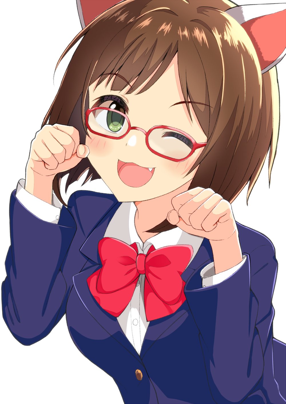1girl :3 animal_ears bangs blazer blue_jacket blush bow bowtie breasts brown_hair buttons cat_ears clenched_hands commentary fake_animal_ears fang glasses green_eyes hands_up highres idolmaster idolmaster_cinderella_girls jacket long_sleeves looking_at_viewer maekawa_miku medium_breasts negishio one_eye_closed open_mouth paw_pose red-framed_eyewear red_bow red_bowtie shirt short_hair smile solo upper_body white_background white_shirt wing_collar