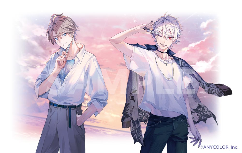 2boys alternate_costume bangs belt black_belt black_choker black_jacket black_nails black_pants blue_eyes blue_shirt brown_pants choker copyright grin hair_between_eyes hand_in_pocket holding jacket jacket_on_shoulders jewelry kaida_haru kuzuha_(nijisanji) light_brown_hair looking_at_viewer male_focus midriff_peek multiple_boys necklace nijisanji official_art one_eye_closed ozadomi pants patterned_clothing red_eyes sample_watermark shirt short_hair smile sunset swept_bangs virtual_youtuber white_hair white_jacket white_shirt