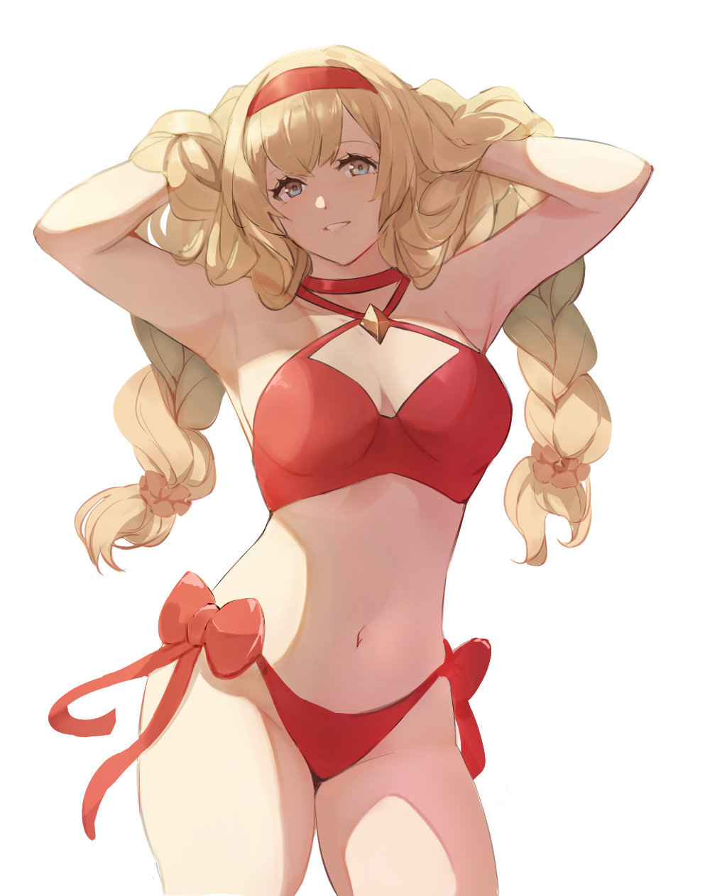 1girl armpits arms_up athena_(granblue_fantasy) bangs bikini blonde_hair braid breasts choker cleavage cowboy_shot criss-cross_halter granblue_fantasy grey_eyes groin hairband halterneck hand_in_own_hair highres long_hair looking_at_viewer medium_breasts navel nos red_bikini simple_background smile solo swimsuit teeth twin_braids white_background