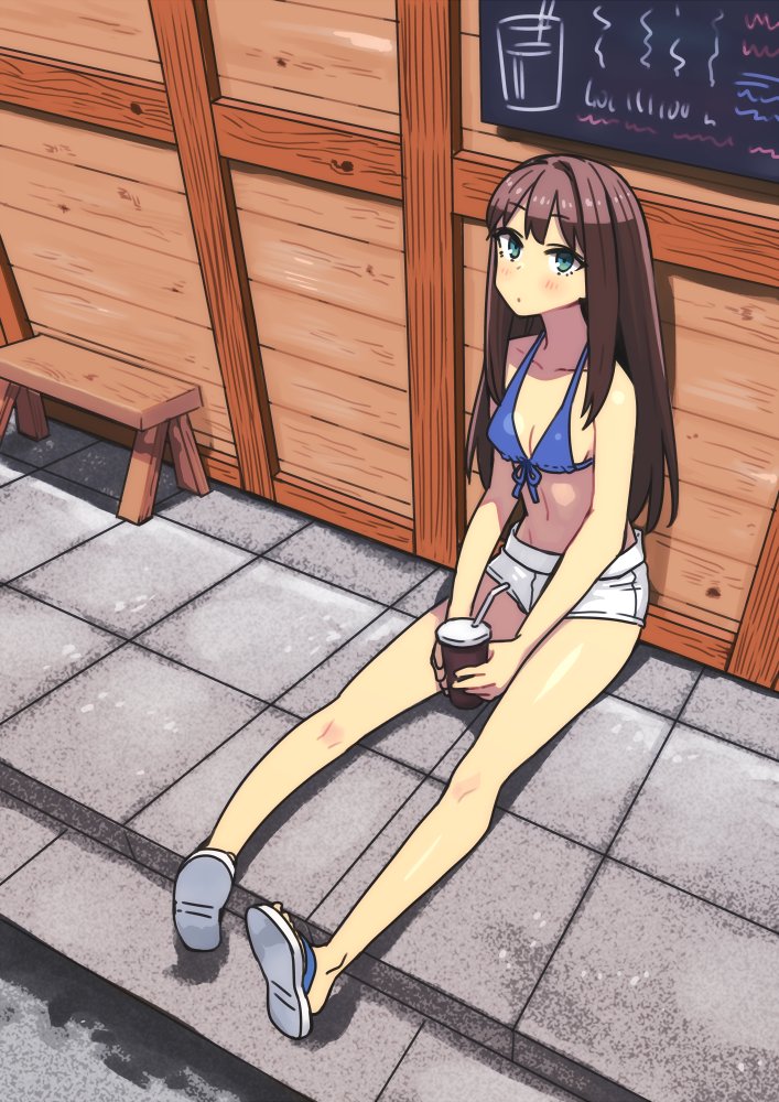 1girl bikini bikini_top_only blue_bikini breasts brown_hair cleavage cup disposable_cup drinking_straw eyebrows_hidden_by_hair flip-flops green_eyes idolmaster idolmaster_cinderella_girls long_hair sandals shibuya_rin shorts sitting solo swimsuit white_shorts yu_65026