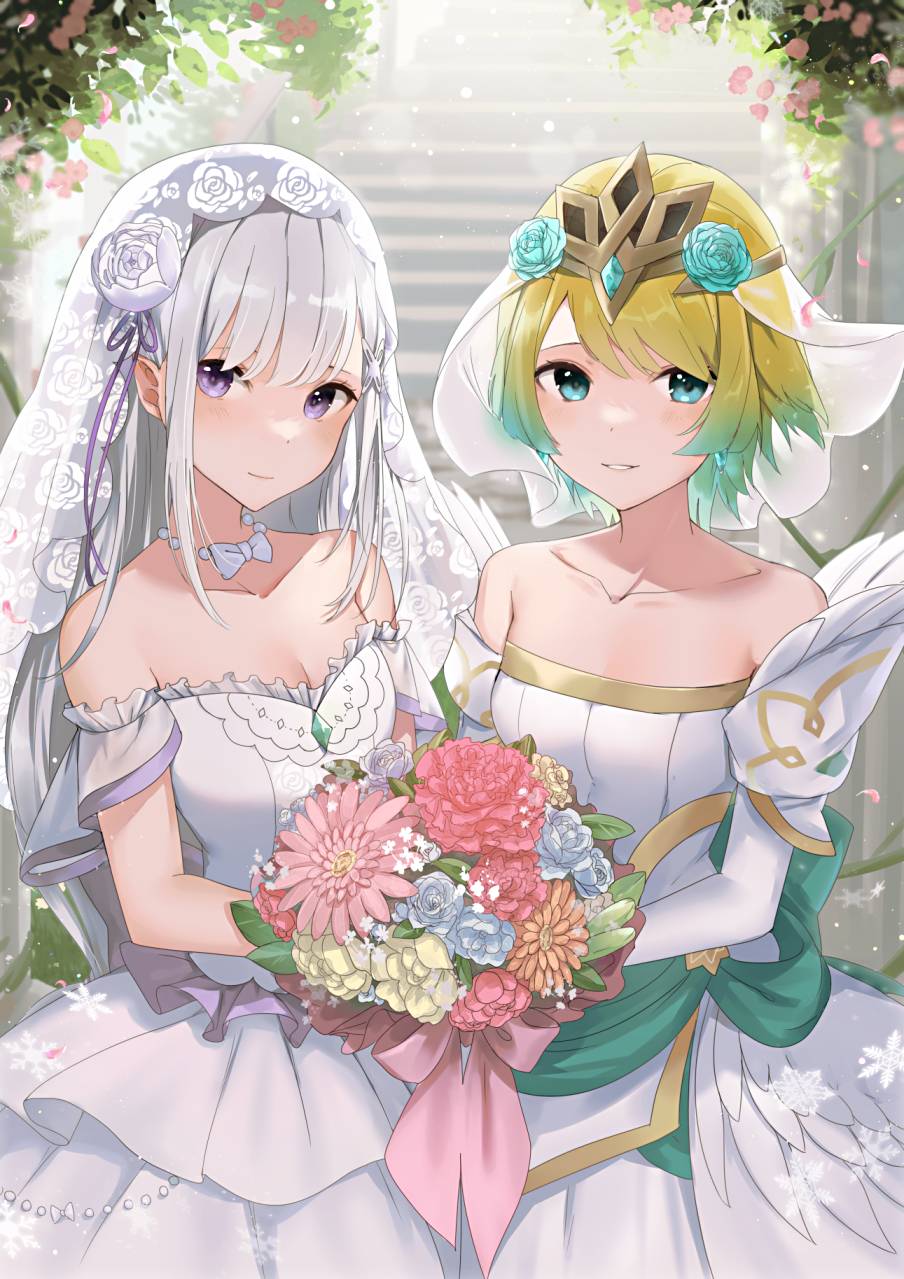 bangs blonde_hair blue_hair blurry blurry_background blush bouquet breasts bridal_veil choker cleavage collarbone commentary_request dress earrings emilia_(re:zero) feather_trim fire_emblem fire_emblem_heroes fjorm_(fire_emblem) flower frills gold_trim haru_(nakajou-28) highres holding jewelry long_hair looking_at_viewer medium_breasts multicolored_hair parted_lips petals pointy_ears purple_eyes re:zero_kara_hajimeru_isekai_seikatsu see-through shiny shiny_hair short_hair sidelocks simple_background smile snowflakes stairs strapless strapless_dress takahashi_rie tiara two-tone_hair veil voice_actor_connection wedding_dress white_dress