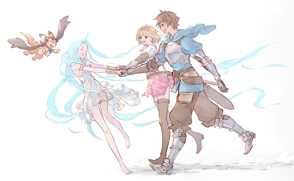 1boy 2girls armor armored_boots barefoot belt blonde_hair blue_hoodie boots bracer breastplate brown_footwear brown_hair brown_pants closed_eyes djeeta_(granblue_fantasy) dragon dress gauntlets gran_(granblue_fantasy) granblue_fantasy hairband holding_hands hood hoodie long_hair looking_at_another lyria_(granblue_fantasy) multiple_girls open_mouth pants pink_skirt sheath sheathed shirt short_sleeves skirt sky_kbuc sleeveless sleeveless_dress smile sword thigh_boots thigh_strap vyrn_(granblue_fantasy) walking weapon white_dress white_shirt