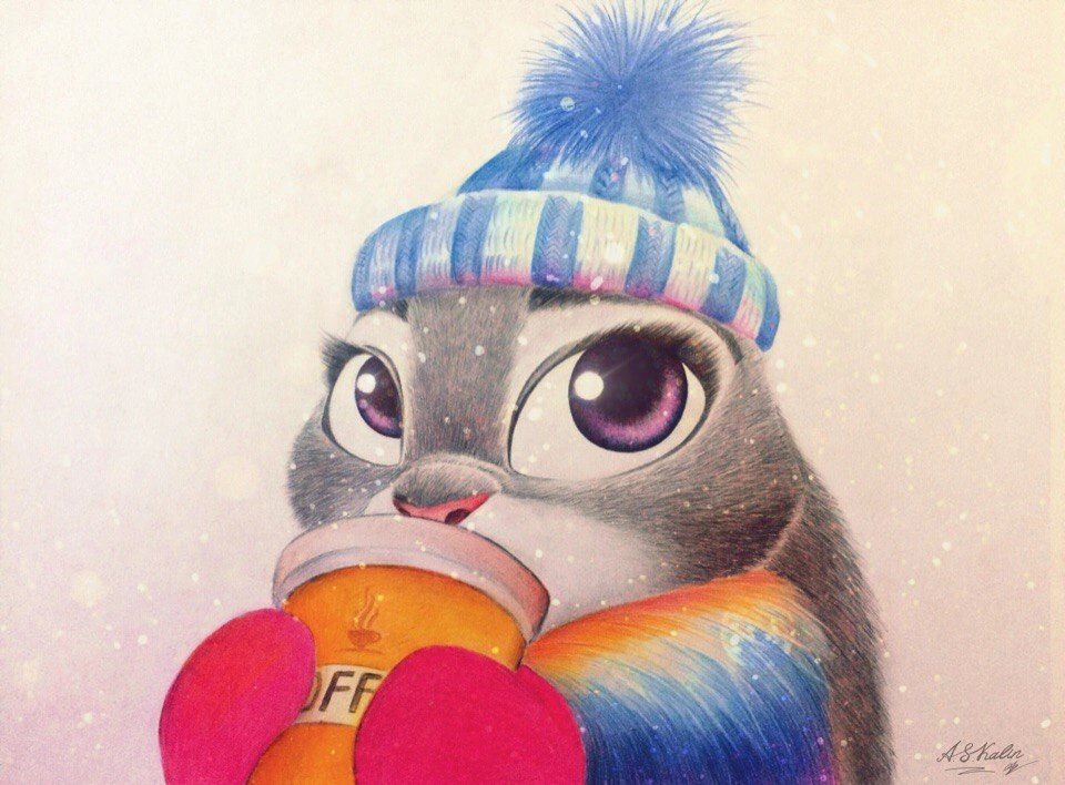 anthro askalin beverage clothed clothing coffee cold disney female fur graphite_(artwork) grey_body grey_fur hat headgear headwear judy_hopps lagomorph leporid looking_at_viewer mammal pencil_(artwork) rabbit simple_background snow solo traditional_media_(artwork) white_background zootopia