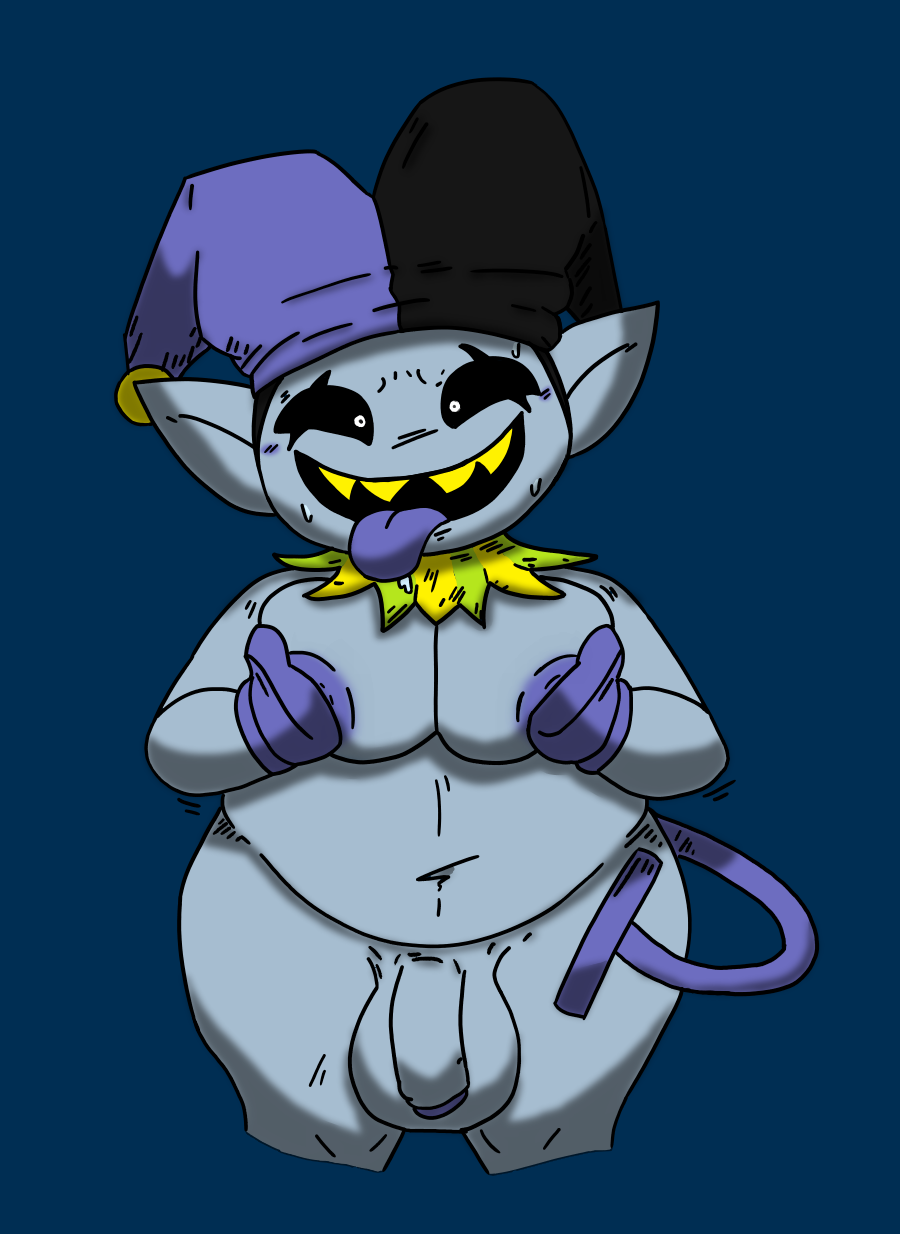 areola balls belly big_balls big_breasts black_sclera breasts chubby_gynomorph chubby_humanoid clothing colored colored_sketch darkner deep_navel deltarune edit fool's_hat genitals gynomorph hat headgear headwear hi_res humanoid humanoid_genitalia humanoid_penis humanoid_pointy_ears intersex jester jevil_(deltarune) locitony male_(lore) moobs mostly_nude navel nipples not_furry nude open_mouth open_smile overweight overweight_humanoid penis sharp_teeth short_stack sketch slightly_chubby smile solo teeth thick_thighs tongue tongue_out undertale_(series) video_games