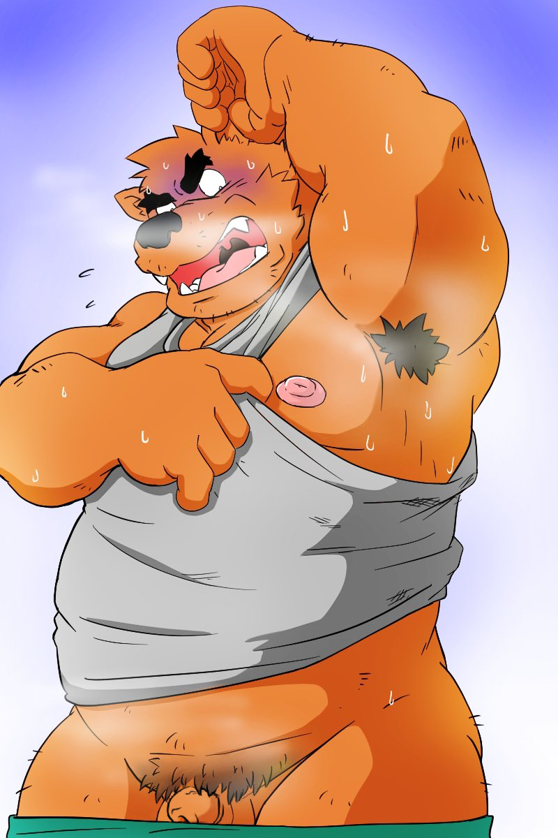 2022 2:3 anthro armpit_hair balls black_nose blush bodily_fluids body_hair clothing edit flaccid genitals hi_res kemono male mammal musk overweight overweight_male penis pubes shibatanukiti shirt small_penis solo sweat topwear uncensored ursid