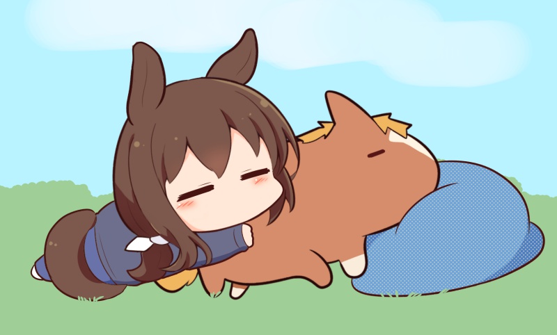 1girl =_= admire_japan_(racehorse) admire_vega_(umamusume) animal_ears bangs bean_bag_chair bow brown_hair chibi commentary gomashio_(goma_feet) grass horse horse_ears horse_girl horse_tail long_sleeves lying no_mouth on_stomach outdoors ponytail sky sweatshirt tail umamusume white_bow yogibo