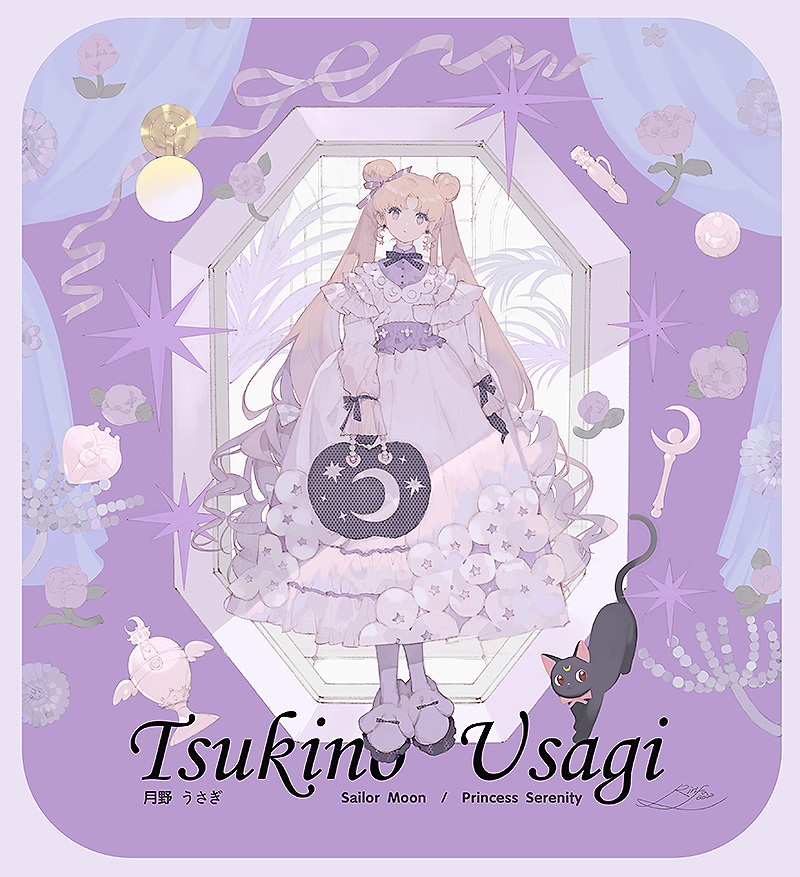 1girl alternate_costume animal_slippers bag bangs bishoujo_senshi_sailor_moon black_cat border bow bowtie bunny_slippers cat character_name compact_(cosmetics) crescent_moon curly_hair curtains double_bun dress earrings facial_mark flower forehead_mark frilled_dress frills full_body hair_bow hair_bun hair_ribbon holding holding_bag jewelry long_dress long_hair long_sleeves looking_at_viewer luna_(sailor_moon) moon parted_bangs pink_bow pink_bowtie plant purple_background purple_ribbon ribbon ririfa slippers tsukino_usagi twintails wand white_bow