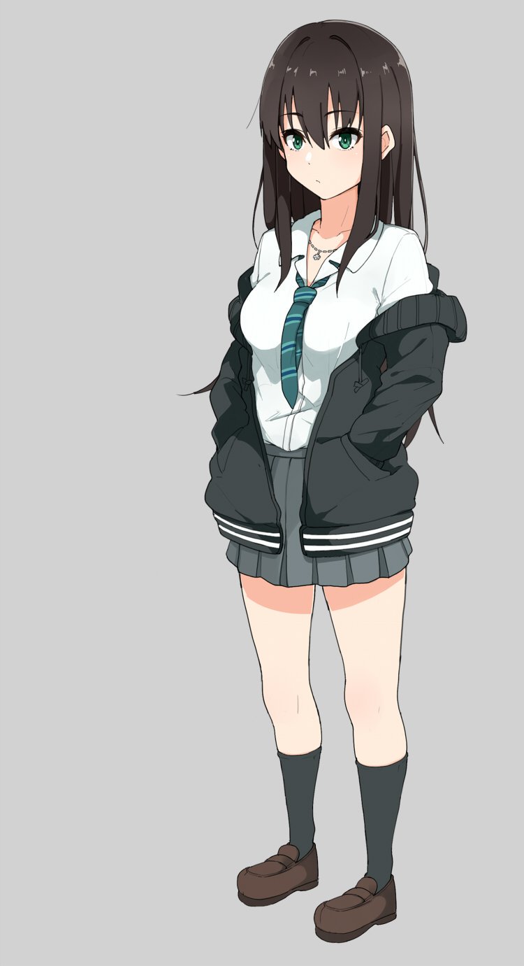 1girl black_hair black_socks cardigan eyebrows_hidden_by_hair full_body green_eyes grey_background hands_in_pockets haseneko highres idolmaster idolmaster_cinderella_girls jewelry loafers long_hair necklace necktie school_uniform shibuya_rin shirt shoes simple_background skirt socks solo standing white_shirt