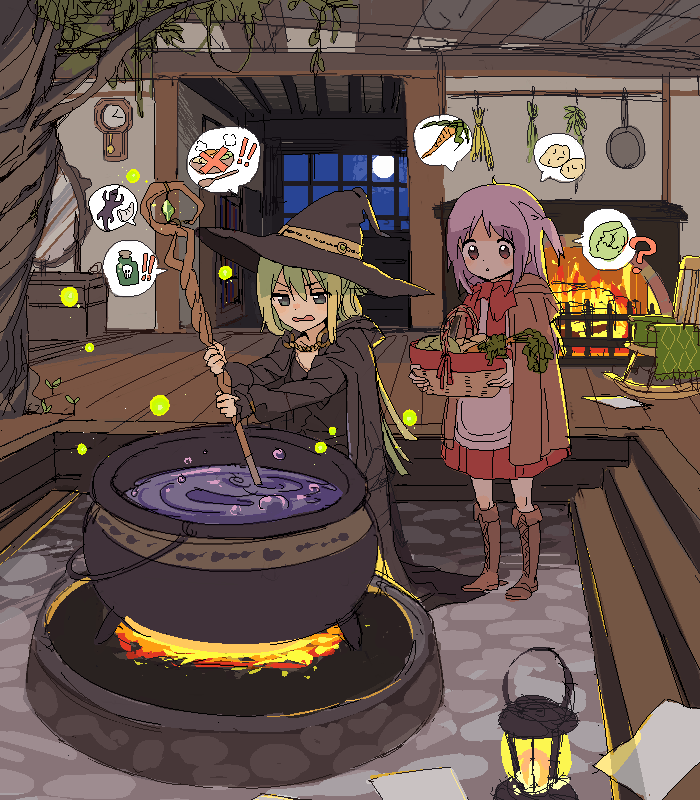 2girls alina_gray alternate_costume annoyed apron aqua_eyes bangs basket black_cape black_headwear black_robe blush boyano brown_footwear brown_jacket cape carrot cauldron chair cross-laced_footwear dot_nose dress fireplace fold-over_boots food gem green_gemstone green_hair hair_between_eyes hair_rings hat herb holding holding_basket hood hooded_cape indoors jacket jaggy_lines lamp lettuce long_hair magia_record:_mahou_shoujo_madoka_magica_gaiden mahou_shoujo_madoka_magica medium_hair mirror misono_karin multicolored_hair multiple_girls night parted_bangs potato purple_eyes purple_hair red_dress robe rocking_chair sidelocks staff stairs stone_floor streaked_hair tree two_side_up vegetable very_long_hair white_apron witch_hat wooden_floor