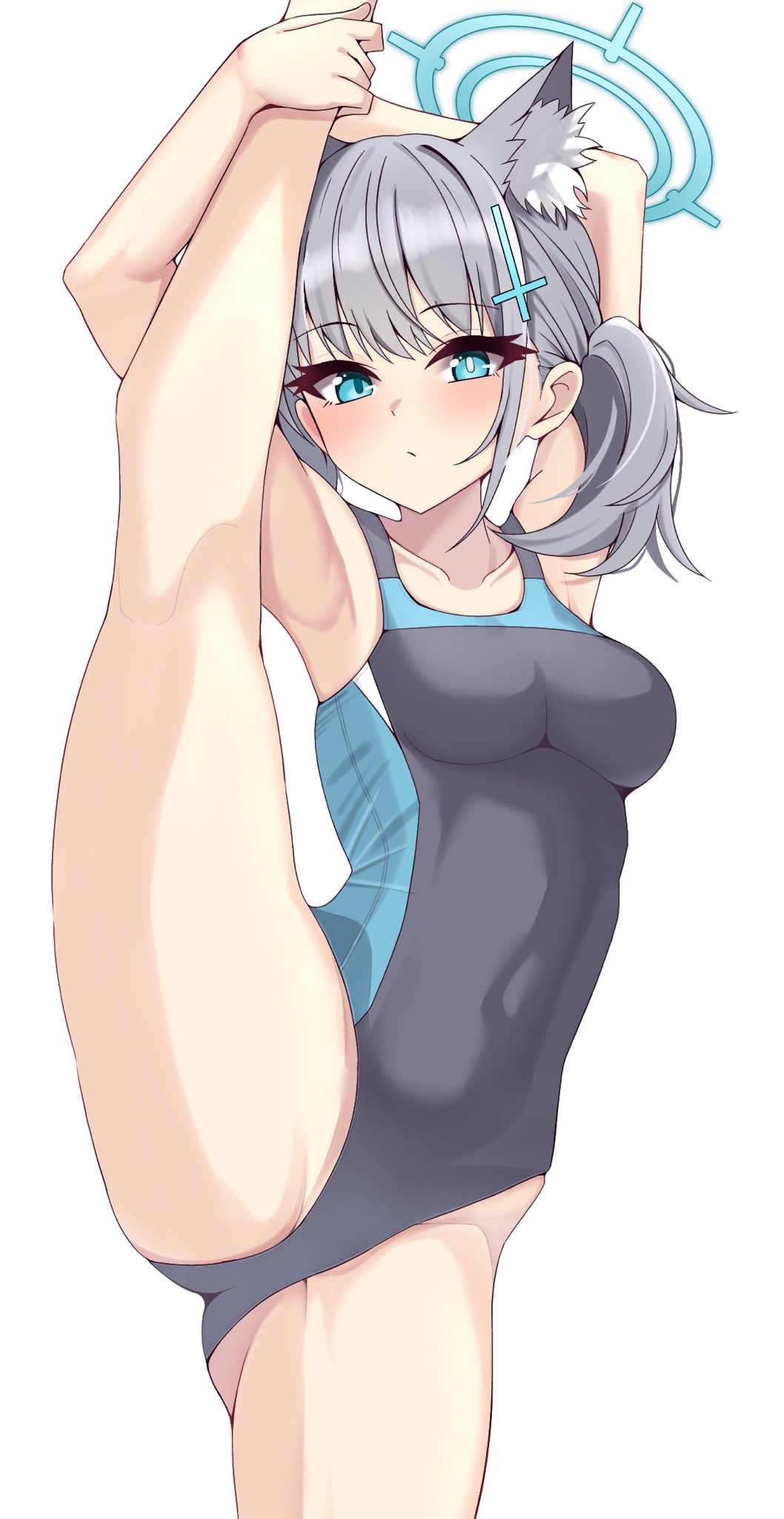 1girl animal_ear_fluff animal_ears armpits blue_archive blue_eyes blue_swimsuit blush breasts collarbone competition_swimsuit covered_navel grey_hair halo highres looking_at_viewer medium_breasts medium_hair mismatched_pupils nanao_(naoekaki25) one-piece_swimsuit shiroko_(blue_archive) shiroko_(swimsuit)_(blue_archive) solo split standing standing_on_one_leg standing_split swimsuit