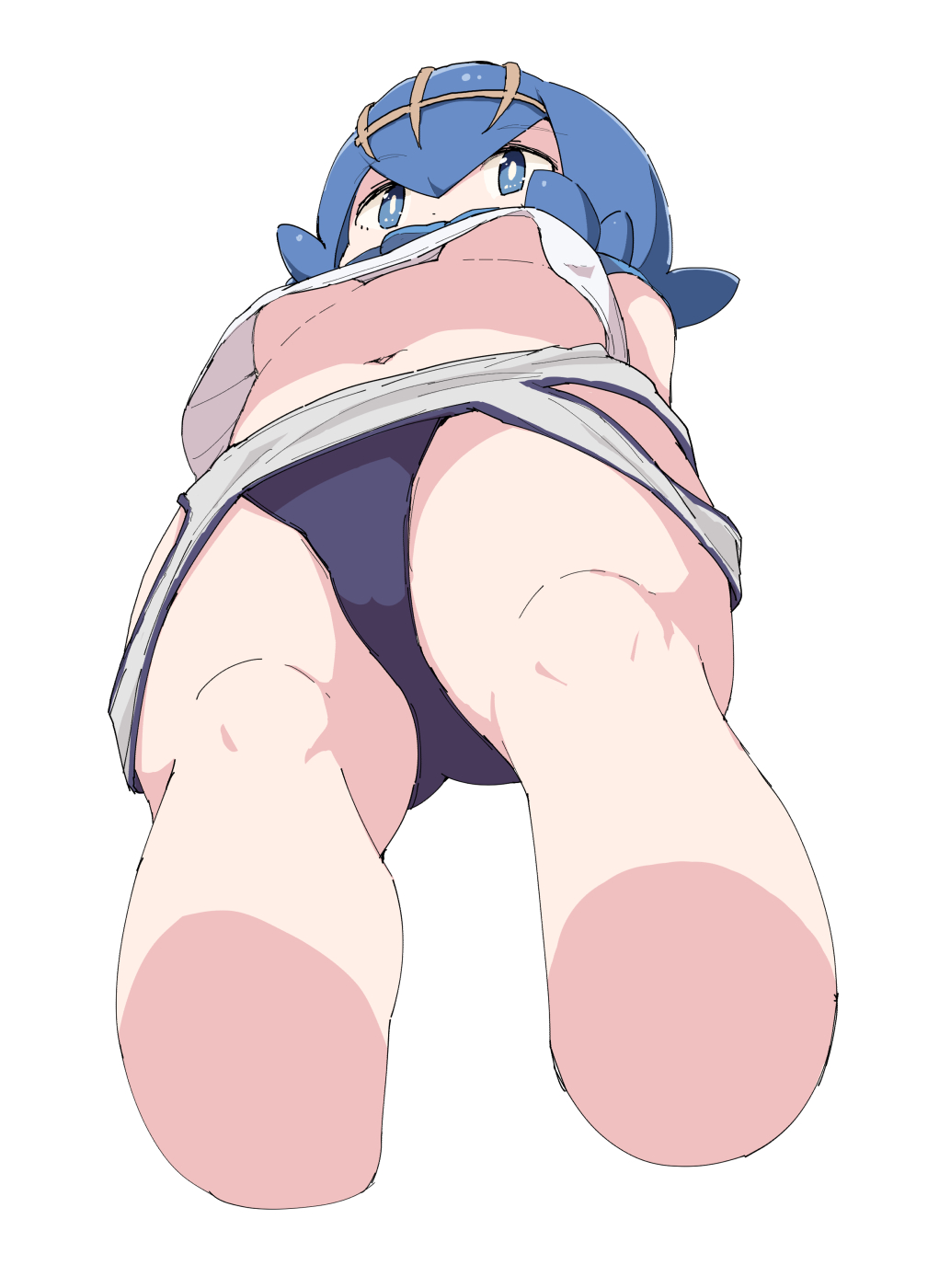 1girl blue_eyes blue_hair blue_sailor_collar breasts bright_pupils clothes_pull commentary_request cropped_legs from_below hairband highres knees lana_(pokemon) navel no_bra noa_(nagareboshi) one-piece_swimsuit pokemon pokemon_(game) pokemon_sm sailor_collar shirt short_hair simple_background small_breasts solo swimsuit swimsuit_pull swimsuit_under_clothes thighs upshirt white_background white_pupils white_shirt yellow_hairband
