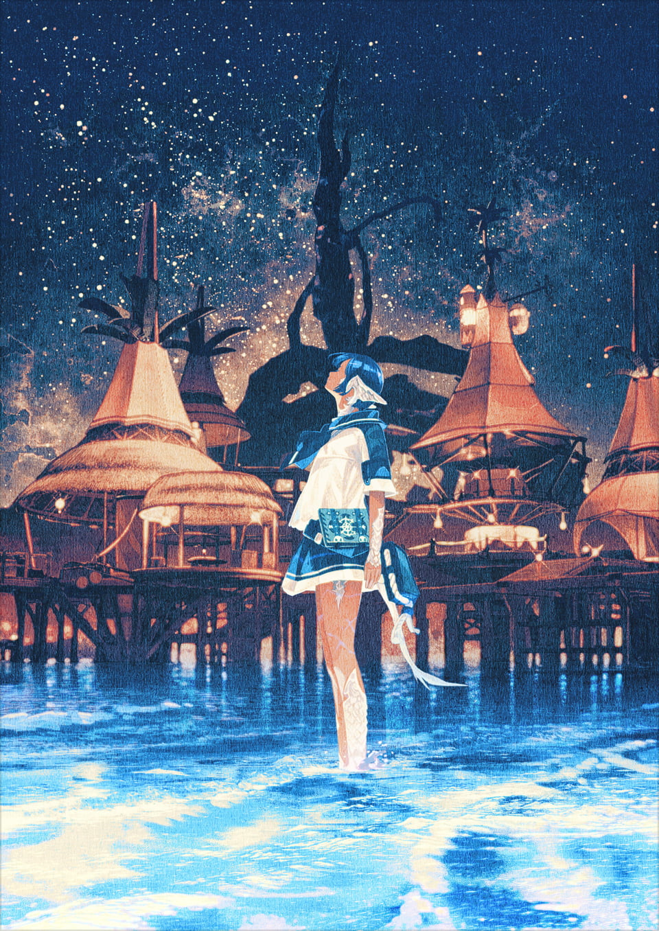 1girl arm_at_side au_ra avatar_(ff14) bangs blue_hair blue_neckerchief blue_skirt book closed_eyes collared_shirt dragon_girl dragon_horns dragon_tail final_fantasy final_fantasy_xiv from_side gemi grimoire highres horns lantern neckerchief night night_sky ocean official_art outdoors scales scenery shirt short_hair skirt sky smile solo standing star_(sky) starry_sky stilt_house stilts tail thatched_roof tree wading water white_shirt