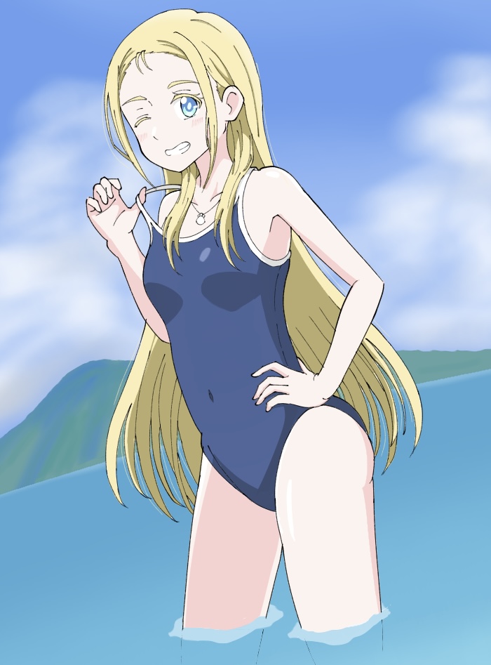 1girl blonde_hair blue_eyes blue_sky blue_swimsuit breasts cloud commentary_request competition_school_swimsuit cowboy_shot day jewelry kofune_ushio long_hair mountain necklace outdoors school_swimsuit shell_necklace sky small_breasts soaking_feet solo standing summertime_render swimsuit tereon very_long_hair water