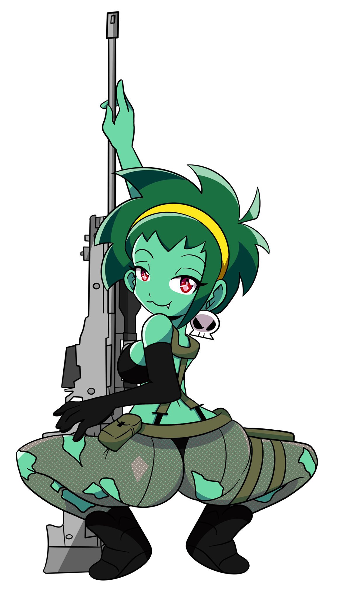 1girl colored_skin datwondoude earrings green_hair green_skin highres jewelry looking_at_viewer looking_back rottytops shantae_(series) short_hair solo zombie