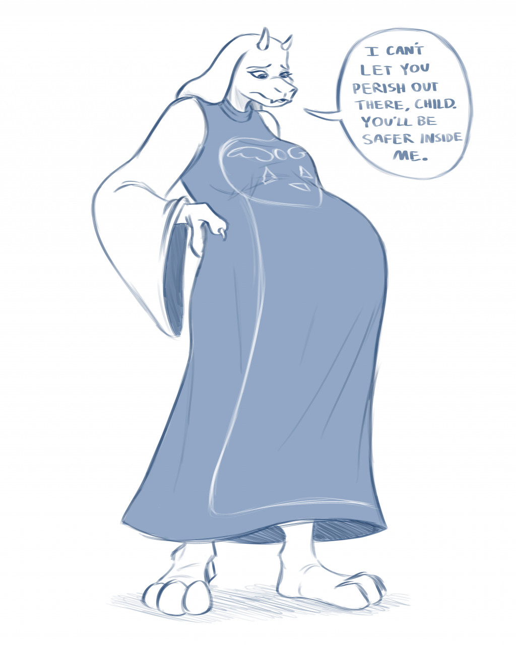 2021 4:5 anthro barefoot belly big_belly bovid caprine claws clothed clothing convexpert dialogue dress english_text fangs feet female goat half-closed_eyes hand_on_hip hi_res horn looking_at_belly looking_down looking_down_at_stomach mammal narrowed_eyes oral_vore soft_vore solo speech_bubble standing text toriel undertale_(series) vore